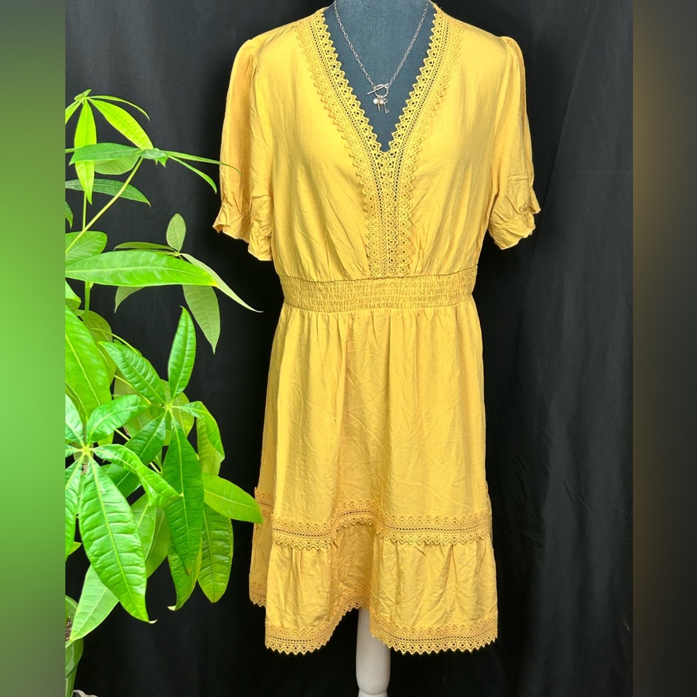 Boho V-Neck Smocked Waist Mini Dress with Crochet Trim – Golden Yellow LGP NWT